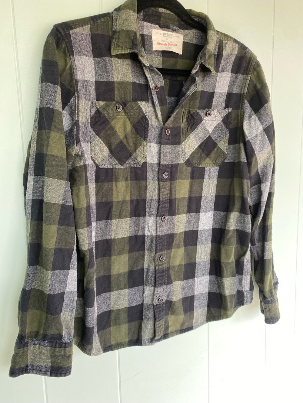 urban pipeline Olive, Gray & Black Plaid Flannel Button-Down Shirt